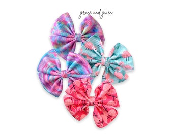 Flamingo Liverpool Pinwheel Bows | Hair Bows for Girls | Baby Bows and Headbands | Nylon Headband Bow | Pigtail Bows | Bow Clips | Tie Dye