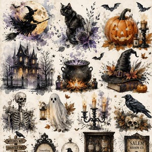 May include: A collection of Halloween-themed illustrations featuring a witch on a broom, black cats, a jack-o'-lantern, a haunted house, a cauldron, a skeleton, a ghost, a raven, a candelabra, potion bottles, and signs reading Something Wicked this way comes and Salem Broom Co. Est. 1692.