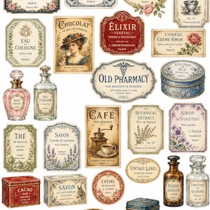May include: A collection of vintage-style labels and packaging designs featuring French and English text, including illustrations of perfume bottles, apothecary jars, floral motifs, and food products like chocolate, coffee, tea, and soap.