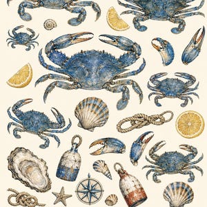 May include: A collection of illustrations featuring blue crabs, crab claws, oyster shells, seashells, lemon slices, nautical rope knots, a compass, and two weathered buoys arranged on a light cream background in a detailed artistic style.
