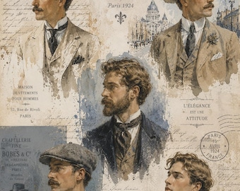 Decoupage para caballeros en papel de arroz, retratos de moda vintage de París, arte de collage antiguo para hombres, papel para álbum de recortes o cartulina para decoupage de 8x11'', 1 pieza