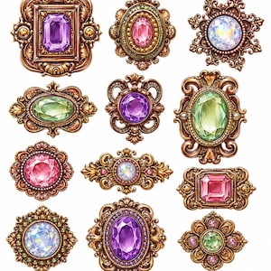 Jewelry Gemstones Decoupage Rice Paper Vintage Brooches Victorian Gems, Ornate Gold Frames Crystal Illustrations Paper Or Cardstock 8x11''