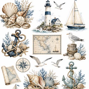 May include: A collection of nautical illustrations featuring a lighthouse, sailboats, anchors, seagulls, seashells, coral, maps, and a compass. A decorative sign with a rope border displays the text BY THE SEA Live Love Sail in blue font.