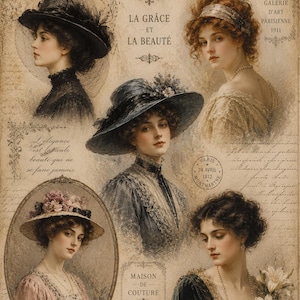 Puede incluir: Un collage de estilo vintage con cinco retratos de personas con vestimenta de principios del siglo XX, incluyendo sombreros y prendas de encaje. La imagen incluye textos como LA GRÂCE ET LA BEAUTÉ, MAISON DE COUTURE y un sello postal de París 1912.