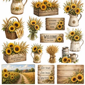 May include: A collection of sunflower-themed stickers featuring bouquets in pitchers, wooden crates, baskets, wheat stalks, and rustic signs with text including Sunshine Blooms Here, Welcome To Our Home, and Live Simply, Love Deeply, Enjoy Summer.
