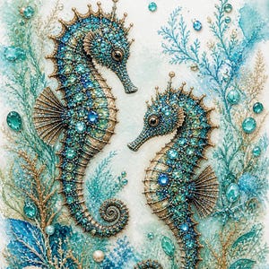 Könnte beinhalten: Eine künstlerische Illustration von zwei Seepferdchen in Türkis, Blau und Gold. Die Seepferdchen sind mit juwelenartigen Verzierungen versehen und von aquatischen Elementen wie Korallen, Muscheln und Edelsteinen umgeben. Das Kunstwerk hat einen Aquarell-Effekt.