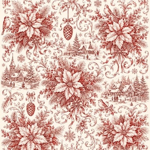 Pode incluir: Um tecido de cor creme com um padrão repetitivo de estilo toile em tinta vermelha escura. O design exibe cenas de inverno com casas cobertas de neve, pinheiros, poinsétias, pinhas, laços, flocos de neve e pequenos pássaros.