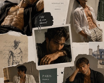 Collage de retratos de moda para hombres gay en papel de arroz estilo parisino, arte mural para hombres guapos, álbum de recortes, técnica mixta, papel o cartulina de 8x11 pulgadas.