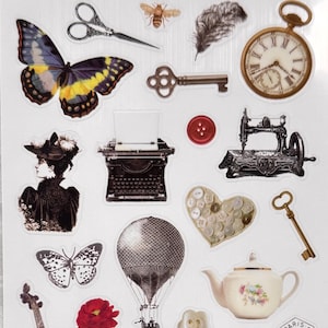 Vintage Stickers Set with Butterflies Keys, Flowers, Books, Birds, Gramophone, Typewriter, Sewing Machine Stickers – 40PCS Scrapbooking Card