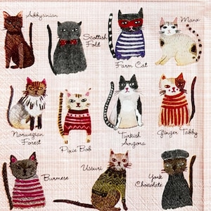 May include: A fabric design showcasing numerous cat breeds in a repeating pattern. The illustrations feature cats in diverse poses, including upside-down orientations. Breeds such as Scottish Fold and Persian are visible. The background is a pale pink.