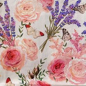 13'' Vintage Floral Butterfly Napkin for Decoupage with Roses Lavender Peonies and Butterflies in Soft Pastel Colors for Craft DIY Projects