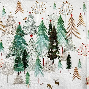 Christmas Forest Decoupage Paper Napkin with Green Gold Trees Red Stars and Deer, Thin Paper for Winter Crafts Holiday Decoration 13&quot; 1PCs