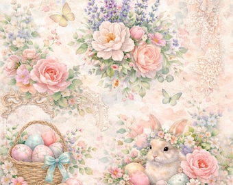 Decoupage Rice Paper Easter Bunny Roses Floral Egg Basket Shabby Chic ...