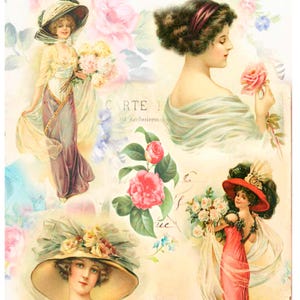 Decoupage rice paper vintage ladies and roses, crafts DIY scrapbooking shabby chic design paper or cardstock options cardmaking album 7&quot;X11&quot;