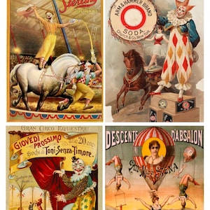 May include: A collage of vintage circus posters. One poster features a clown on a horse, another shows a clown with a soda advertisement, and others depict acrobats and circus acts. The posters have a retro aesthetic.