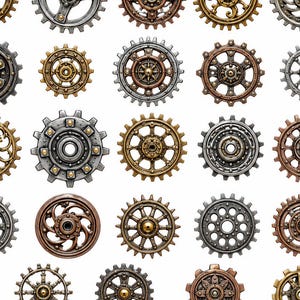 Könnte beinhalten: Eine Sammlung von fünfunddreißig einzelnen Metallzahnrädern, die in einem Raster angeordnet sind. Die Zahnräder weisen verschiedene Designs auf, darunter Speichen, kreisförmige Muster und komplexe Ausschnitte, in metallischen Kupfer-, Bronze-, Silber- und Goldtönen.