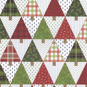 May include: A repeating pattern of Christmas trees in various colors and patterns. The trees are triangles with brown trunks, and the patterns include plaid, holly, and other festive designs. The background has white and black accents.