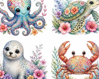 Meerestiere Decoupage Reispapier, Aquarell Meerestiere Clipart Collage, Papier- Oder Kartonoptionen, A4 8x11 ''1 PC