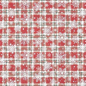 May include: A festive fabric pattern featuring a red, white, and dark green plaid background overlaid with a repeating design of white, intricate, six-pointed snowflakes of varying sizes and small white dots resembling falling snow.