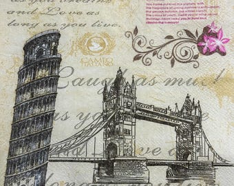Vintage Europe Paper Napkin for Decoupage 13 Inches - Tower Bridge Leaning Tower of Pisa Napkin for DIY Craft Scrapbooking Card Making Decor