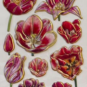 Pegatinas metálicas hinchadas con tulipanes rojos y rosas, con ribete dorado, elegantes pegatinas florales para manualidades (10 unidades)