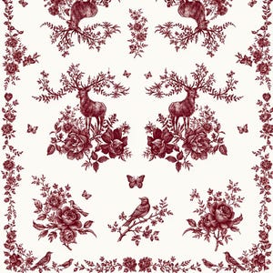 May include: A burgundy and cream floral pattern featuring deer, roses, butterflies, and birds. The design includes detailed illustrations of deer with elaborate antlers, surrounded by roses and butterflies, and birds perched on branches.