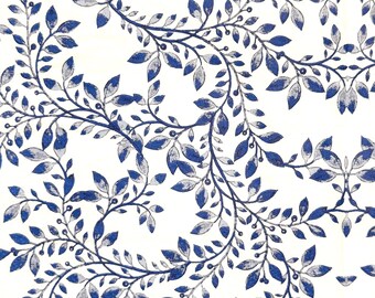 May include: A repeating pattern of dark blue and white botanical vines featuring small leaves and berries. The design consists of interconnected branches that create a continuous, symmetrical flow across the entire surface of the material.