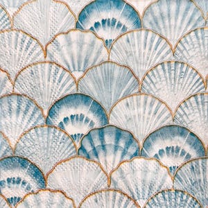 May include: Close-up of a fabric with a repeating pattern of stylized fan shapes. The design features shades of blue and white, with gold-coloured outlines. The texture appears to be slightly raised, giving a tactile feel to the design.