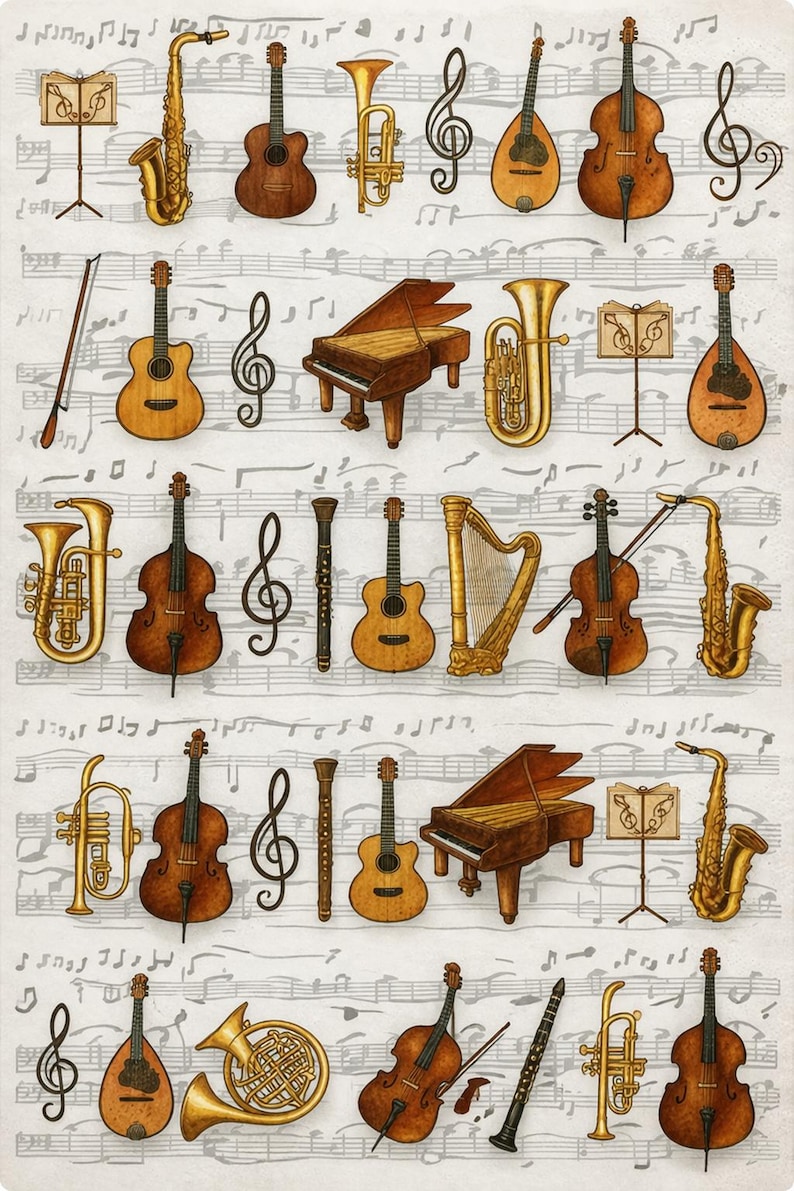 Vintage Musical Instruments Decoupage Rice Paper Piano Violin Guitar ...