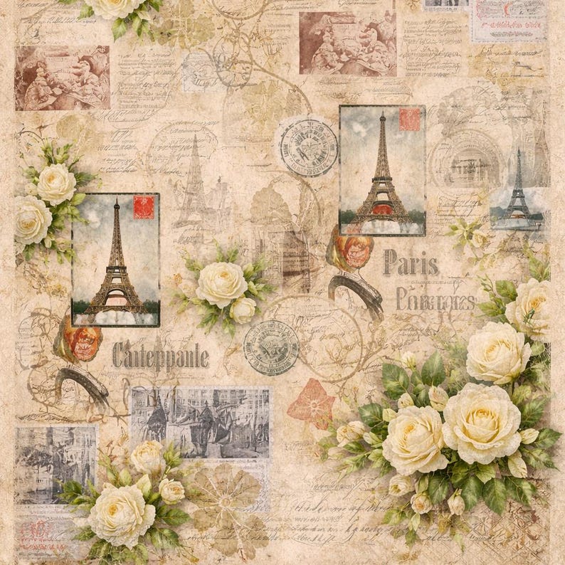 Decoupage Rice Paper Paris Vintage Collage Eiffel Tower Roses French ...