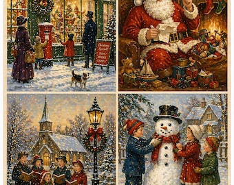 Papel de arroz con diseño vintage de Papá Noel para decoupage, lámina de tarjetas navideñas con muñecos de nieve y villancicos, opciones de papel o cartulina A4 8x11'' 1 pieza Manualidades con papel de seda