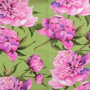 Peony Floral Paper Napkin for Decoupage, Green Pink Spring Flowers Paper Napkin for Crafting Scrapbooking Decoupage Cardmaking 16&#39;&#39; 1pcs