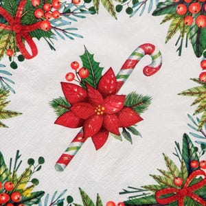 Servilleta de papel con decoupage navideño: diseño de flor de Pascua, bastón de caramelo y acebo