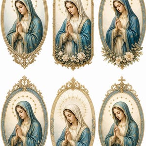 Può includere: Sei ritratti ovali di una figura con velo bianco e mantello blu, con le mani giunte in preghiera. Ogni ritratto presenta un'aureola dorata con stelle, cornici in filigrana d'oro e dettagli floreali bianchi alla base.