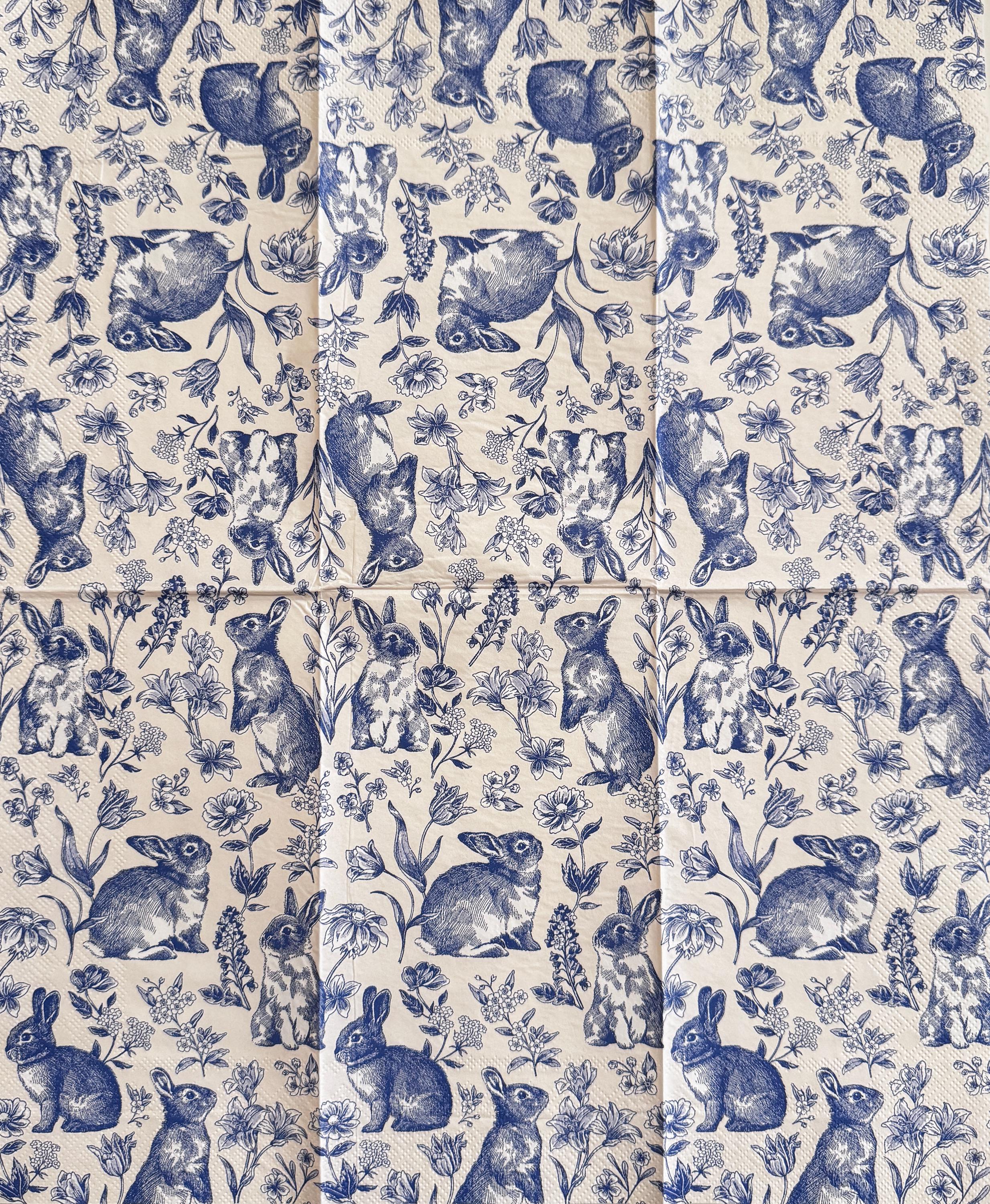 Spring Toile Blue Blue Toile Bunny Floral Decoupage Paper Napkin, Vintage Rabbits ...