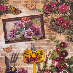 Conjunto de adesivos com tema de jardim vintage com flores, pássaros, caixa de correio, ferramentas de jardinagem, borboletas - adesivos pop-up 3D para decoração de scrapbooking