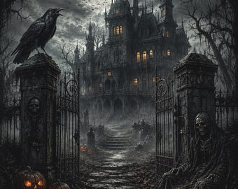 Haunted Mansion Decoupage Rice Paper, Full Moon Raven Pumpkins Gothic Castle Halloween Cemetery Art, Paper Or Cardstock Options 8x11'' 1 PC