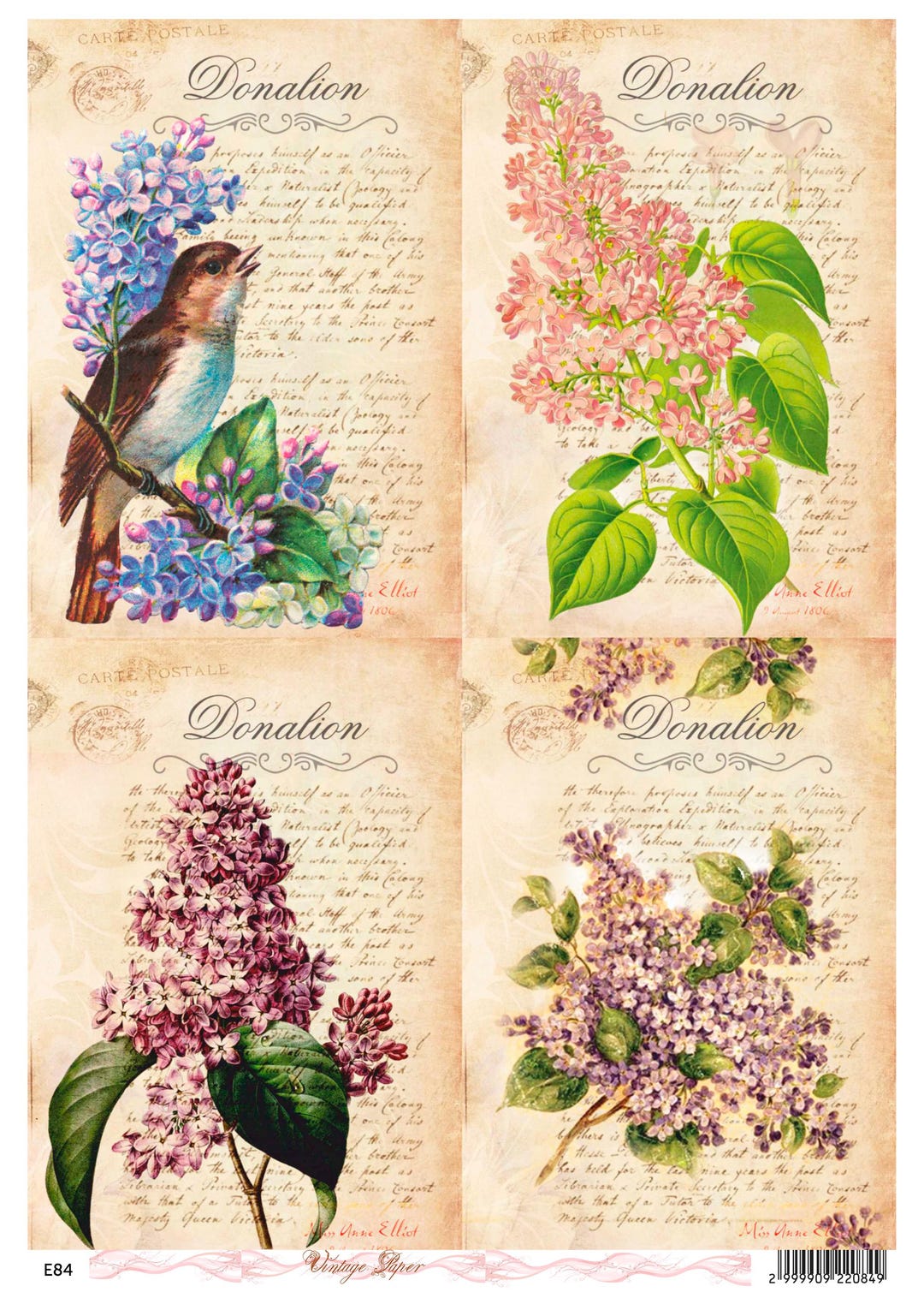 Vintage Lilac Decoupage Rice Paper Bird Floral Script Flower Botanical ...