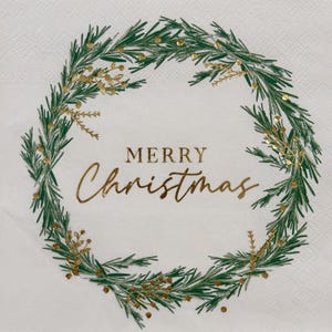 Tovagliolo a forma di ghirlanda natalizia per decoupage, fai da te, biglietti d'auguri e scrapbooking, elegante tovagliolo in carta con lamina d'oro e motivo Merry Christmas, 13"