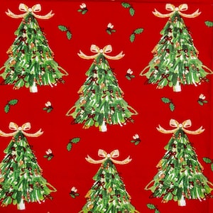 Christmas Tree Decoupage Paper Napkin with Green Trees Gold Bows and Holly, Thin Paper for Holiday Crafts DIY Festive Decoration 13&quot; 1PCs