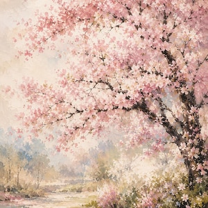 May include: A painting of a blossoming cherry tree with pink flowers. The tree's dark branches contrast with the soft pink blossoms and the light-colored background. The scene evokes a sense of spring and tranquility.