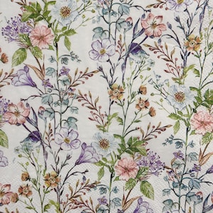 Serviette en papier pour découpage avec fleurs sauvages colorées et oiseaux de jardin pour travaux manuels créatifs, scrapbooking, fabrication de cartes, printemps, nature, décoration de mariage, 1 pièce