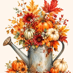 May include: A galvanized metal watering can filled with an arrangement of autumn foliage, including orange and yellow maple leaves, red berries, and various pumpkins in shades of orange, white, and green, with additional pumpkins resting at the base.