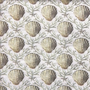 Vintage Seashell Pattern Decoupage Napkin Thin Beige Paper with Gold Shells Coral Scrapbooking Coastal DIY Crafts, Sea Ocean Napkin 10'' 1PC