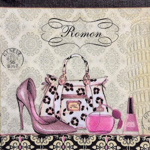 Puede incluir: Ilustración de accesorios de moda que incluyen un zapato de tacón alto, un bolso, un frasco de perfume y esmalte de uñas. El bolso tiene un estampado de leopardo en blanco y negro. La palabra "Romon" está escrita arriba.