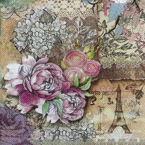 Serviettes en papier vintage Paris pour découpage avec roses, Arc de Triomphe et tour Eiffel, papier fin pour scrapbooking, fabrication de cartes, bricolage 33 x 13 pouces