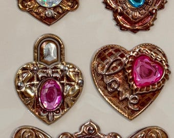 Jewel Heart Stickers Set 5 PCS for Scrapbooking Cardmaking DIY Crafts – 3D Stickers with Gems Bronze Silver Stickers Love Lock Stickers