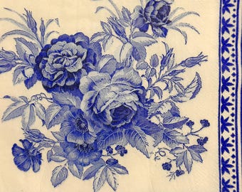 13" Blue Floral Roses Peony Pattern Paper Napkin for Decoupage, Crafts, Scrapbooking, DIY Projects – Vintage Flower Design Blue White 1PCS