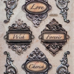 Vintage stickers in metaalzilverstijl, gezwollen stickers met woorden Love Wish Forever Cherish scrollframe-stickers, plakboekstickers set 8 stuks