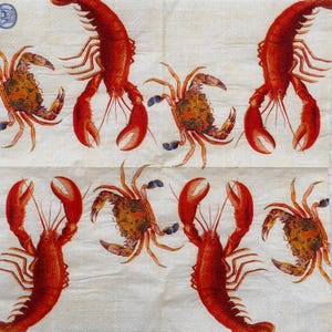 Serviettes de table en papier homard rouge et crabe, vie marine côtière, découpage, scrapbooking nautique, fabrication de cartes, techniques mixtes, 10 pouces, mer, océan, découpage, serviette